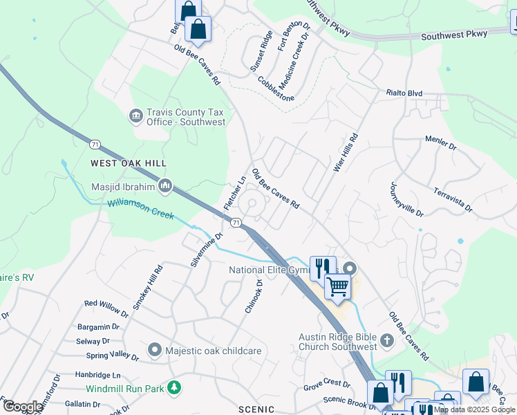 map of restaurants, bars, coffee shops, grocery stores, and more near 8220 State Highway 71 in Austin