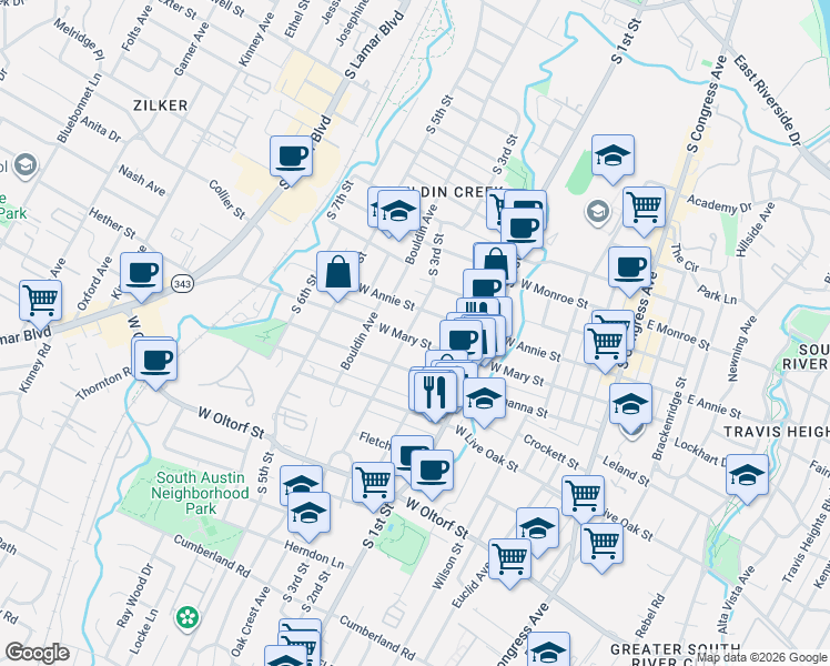 map of restaurants, bars, coffee shops, grocery stores, and more near 716 West Mary Street in Austin