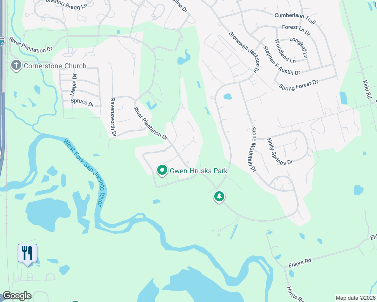 map of restaurants, bars, coffee shops, grocery stores, and more near 560 Roanoke Drive in Conroe