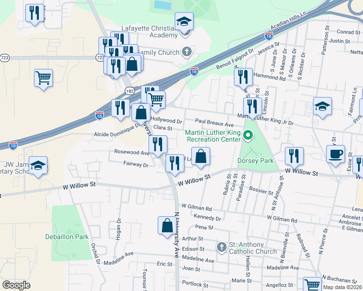 map of restaurants, bars, coffee shops, grocery stores, and more near 200 Clara Street in Lafayette