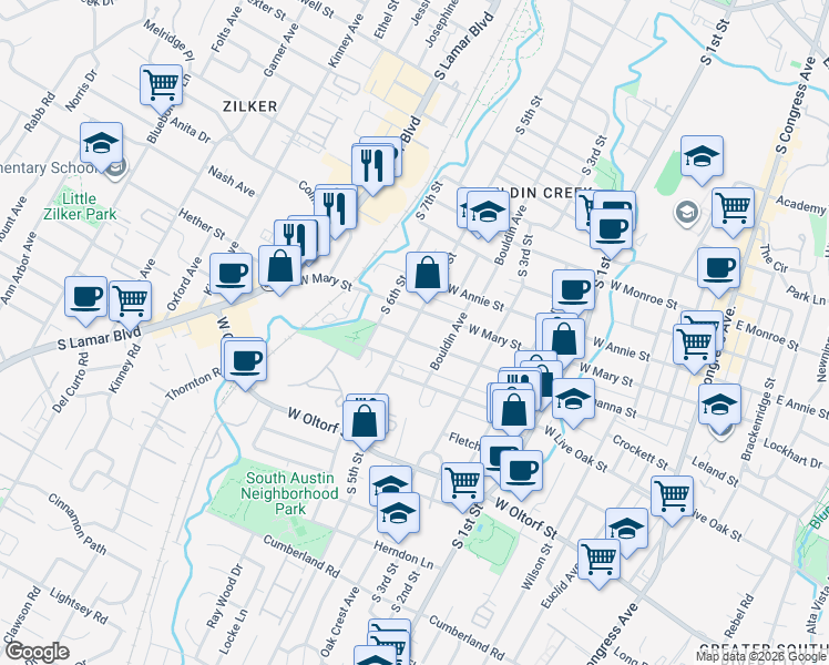 map of restaurants, bars, coffee shops, grocery stores, and more near 1909 South 5th Street in Austin