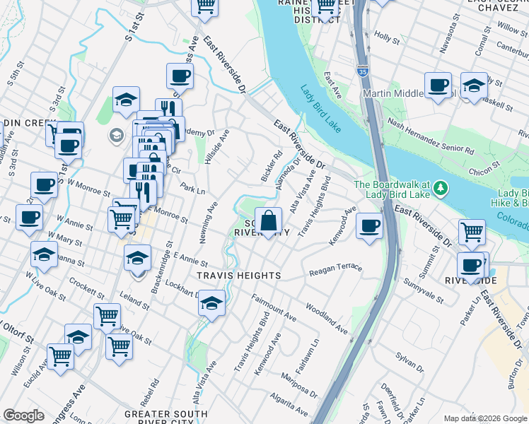 map of restaurants, bars, coffee shops, grocery stores, and more near 1410 Alameda Drive in Austin