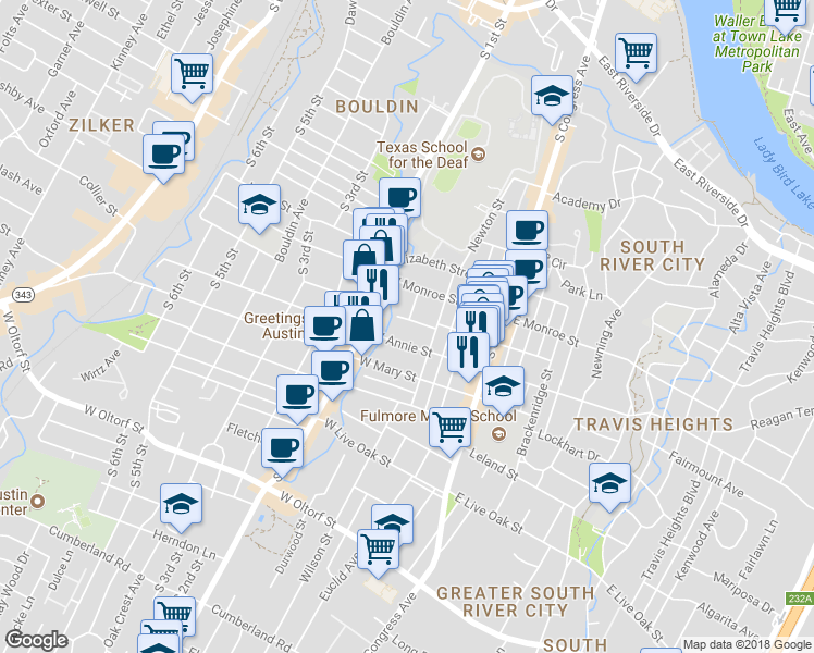 map of restaurants, bars, coffee shops, grocery stores, and more near 313 West Milton Street in Austin