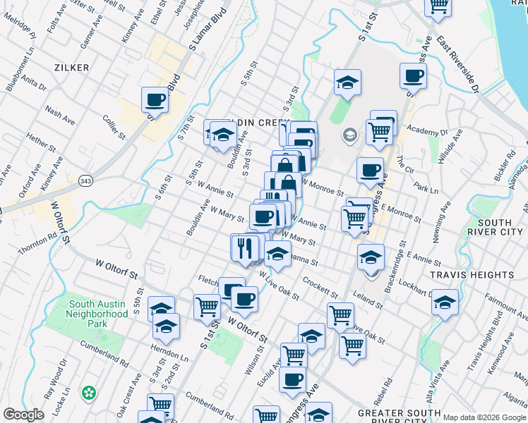 map of restaurants, bars, coffee shops, grocery stores, and more near 613 West Annie Street in Austin