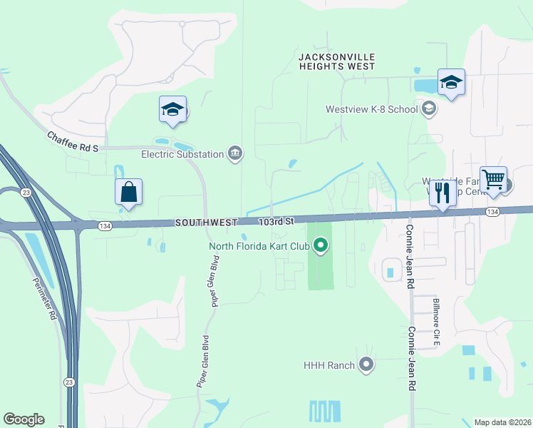 map of restaurants, bars, coffee shops, grocery stores, and more near 10405 103rd Street in Jacksonville