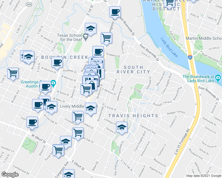 map of restaurants, bars, coffee shops, grocery stores, and more near 300 East Monroe Street in Austin