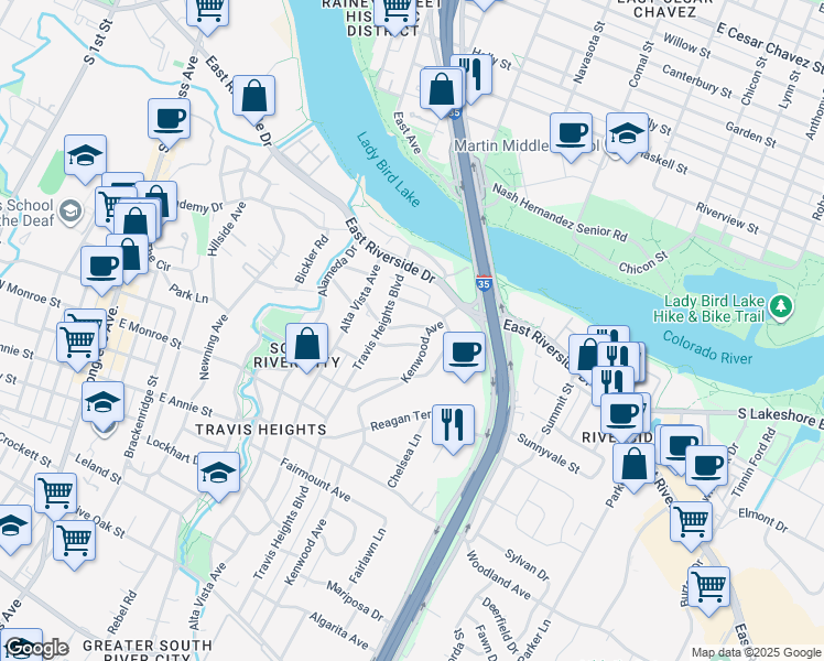 map of restaurants, bars, coffee shops, grocery stores, and more near 1015 Avondale Road in Austin