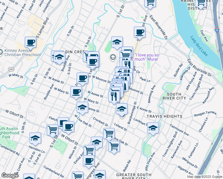 map of restaurants, bars, coffee shops, grocery stores, and more near 1610 Eva Street in Austin