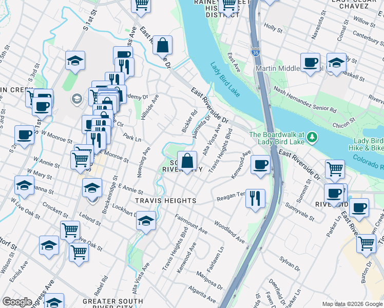 map of restaurants, bars, coffee shops, grocery stores, and more near 1407 Alameda Drive in Austin