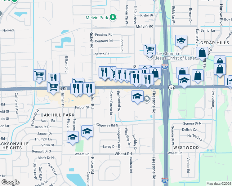 map of restaurants, bars, coffee shops, grocery stores, and more near 5436 Enchanted Drive in Jacksonville