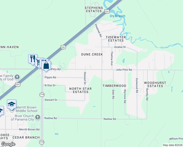 map of restaurants, bars, coffee shops, grocery stores, and more near 6304 John Pitts Road in Panama City