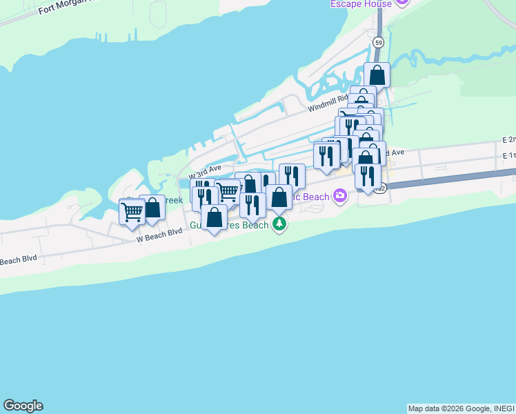 map of restaurants, bars, coffee shops, grocery stores, and more near 416 West Beach Boulevard in Gulf Shores