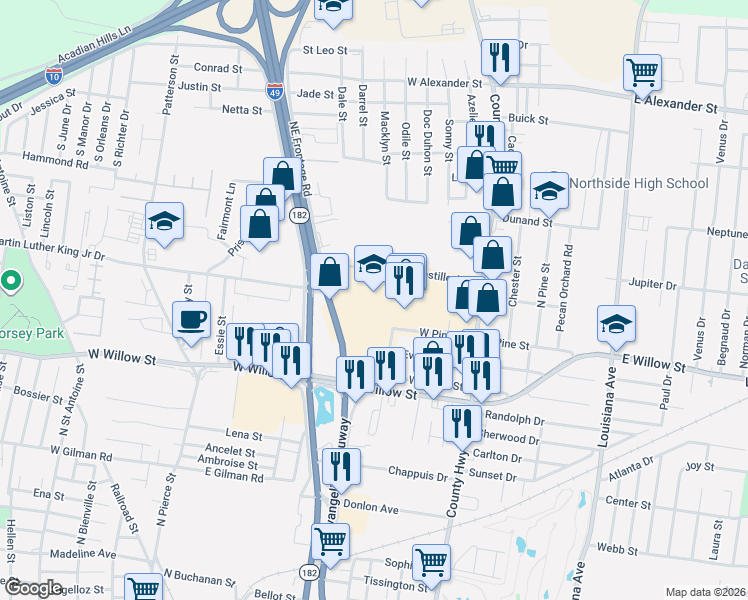 map of restaurants, bars, coffee shops, grocery stores, and more near 1800 Northeast Evangeline Throughway in Lafayette