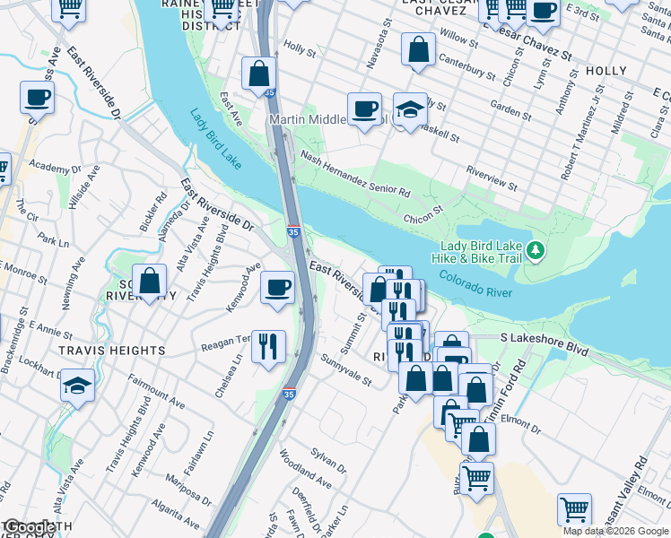 map of restaurants, bars, coffee shops, grocery stores, and more near 1231 East Riverside Drive in Austin