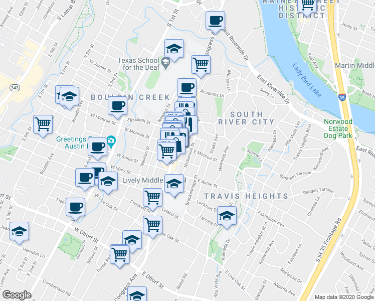 map of restaurants, bars, coffee shops, grocery stores, and more near 205 East Monroe Street in Austin