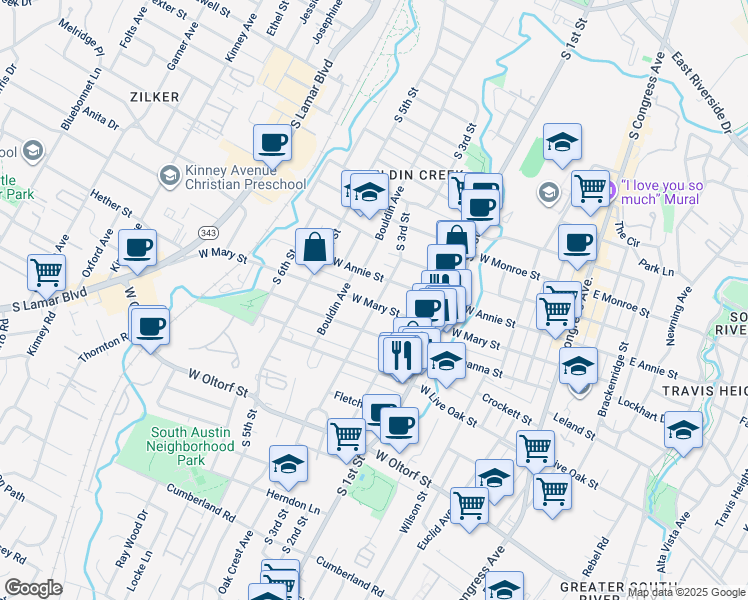 map of restaurants, bars, coffee shops, grocery stores, and more near 801 West Mary Street in Austin