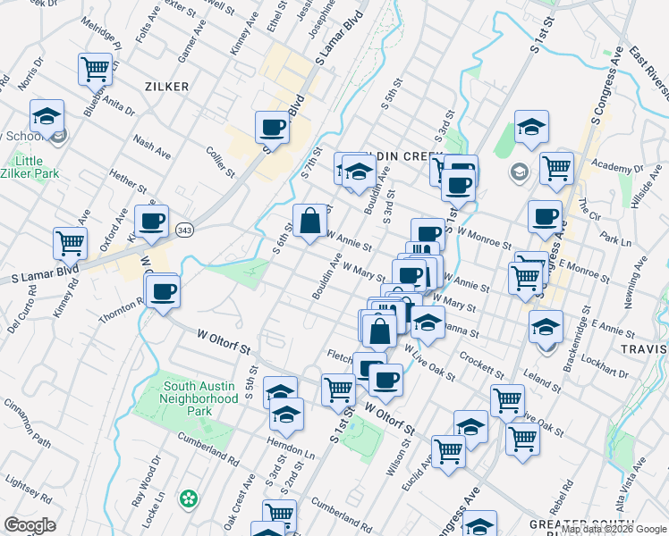 map of restaurants, bars, coffee shops, grocery stores, and more near 901 West Mary Street in Austin