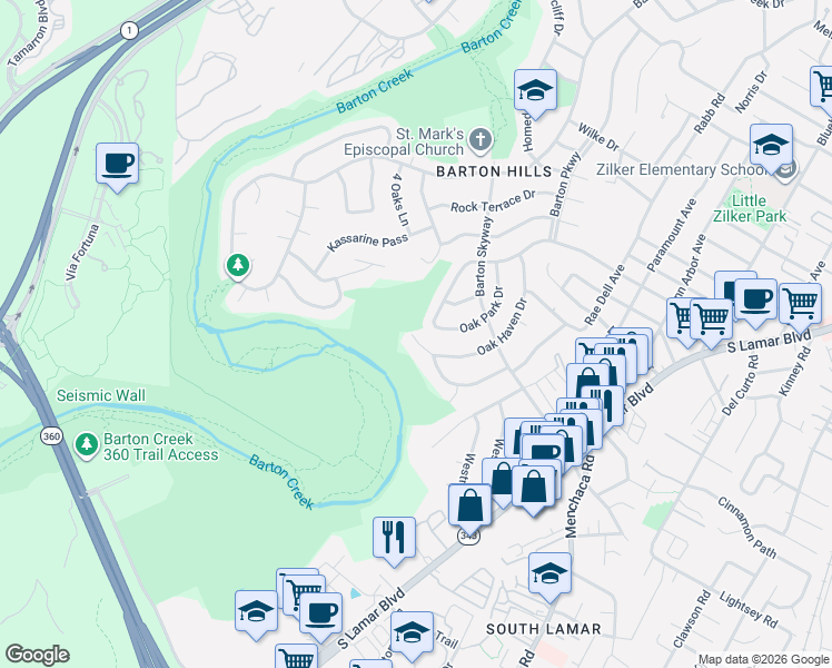 map of restaurants, bars, coffee shops, grocery stores, and more near 2502 Bluffview Drive in Austin