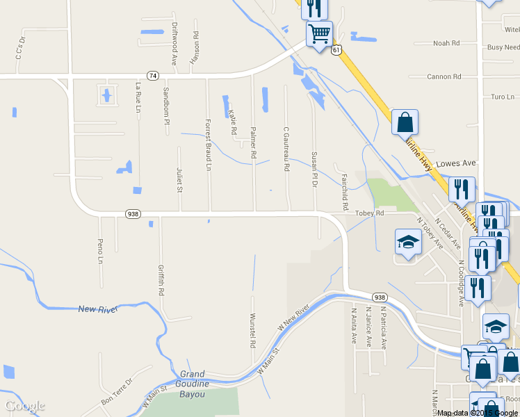map of restaurants, bars, coffee shops, grocery stores, and more near 40100 Coontrap Rd in Gonzales