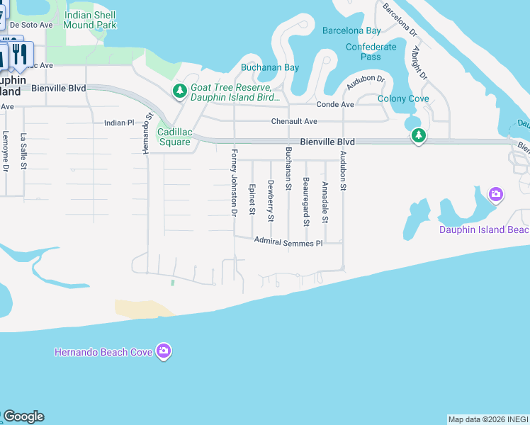 map of restaurants, bars, coffee shops, grocery stores, and more near 115 Dewberry St in Dauphin Island