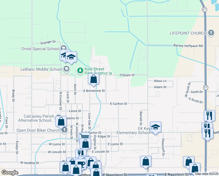map of restaurants, bars, coffee shops, grocery stores, and more near 314 E Brimstone St in Sulphur