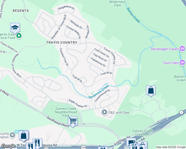 map of restaurants, bars, coffee shops, grocery stores, and more near 4700 Red Stone Court in Austin