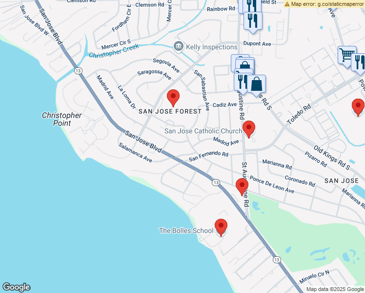 map of restaurants, bars, coffee shops, grocery stores, and more near 7144 Madrid Avenue in Jacksonville