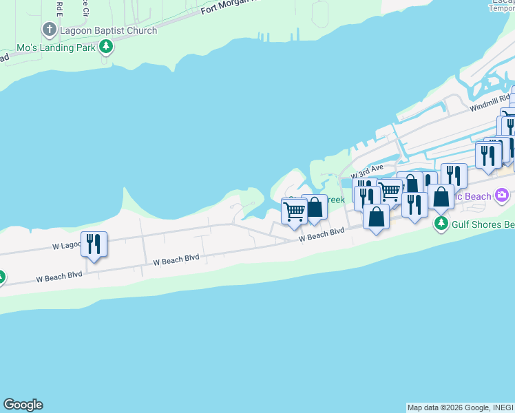 map of restaurants, bars, coffee shops, grocery stores, and more near 937 Heron Point Drive in Gulf Shores