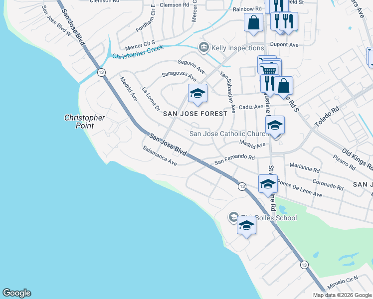 map of restaurants, bars, coffee shops, grocery stores, and more near 2609 Castile Road in Jacksonville