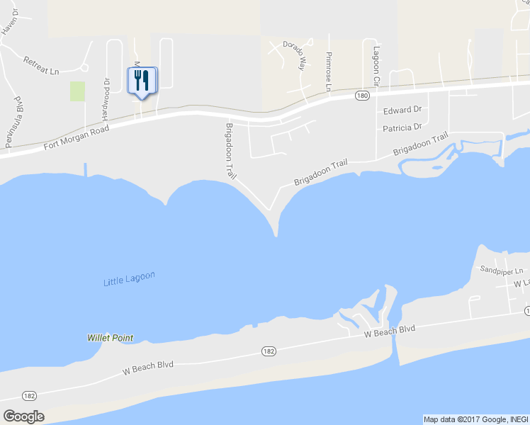 map of restaurants, bars, coffee shops, grocery stores, and more near 16300 Brigadoon Trail in Gulf Shores