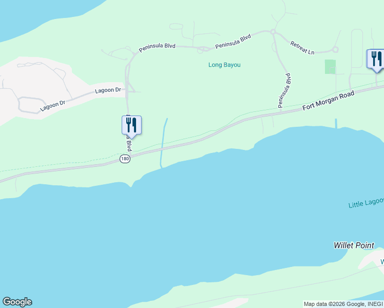 map of restaurants, bars, coffee shops, grocery stores, and more near 14964 Alabama 180 in Gulf Shores