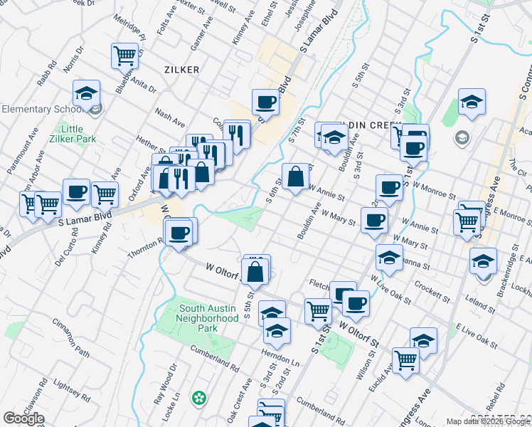 map of restaurants, bars, coffee shops, grocery stores, and more near 1009 West Johanna Street in Austin