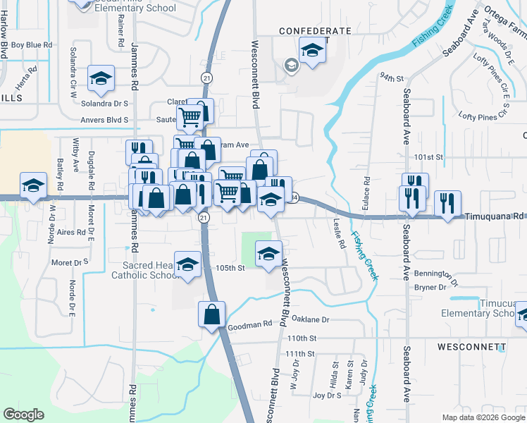 map of restaurants, bars, coffee shops, grocery stores, and more near 5426 Wesconnett Boulevard in Jacksonville