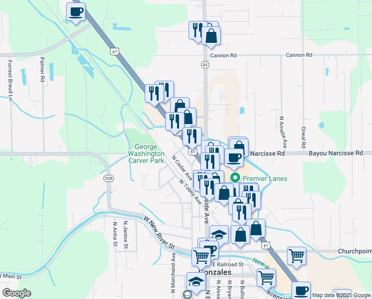 map of restaurants, bars, coffee shops, grocery stores, and more near 1733 North Airline Highway in Gonzales