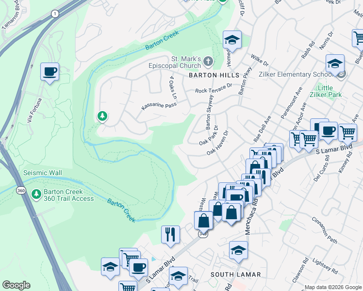 map of restaurants, bars, coffee shops, grocery stores, and more near 2502 Bluffview Drive in Austin