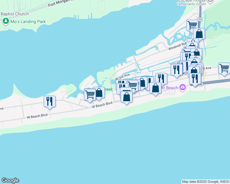 map of restaurants, bars, coffee shops, grocery stores, and more near 632 West 1st Avenue in Gulf Shores