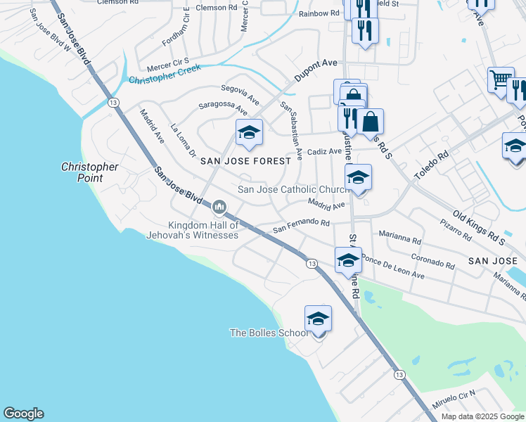 map of restaurants, bars, coffee shops, grocery stores, and more near 7144 Madrid Avenue in Jacksonville