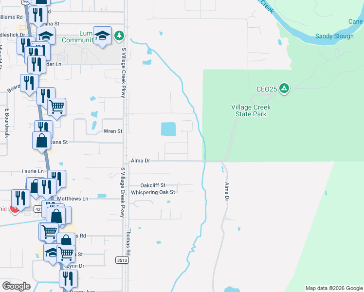 map of restaurants, bars, coffee shops, grocery stores, and more near 1030 Alma Drive in Lumberton