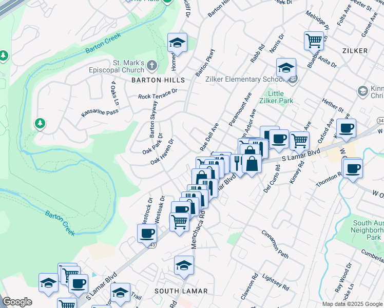 map of restaurants, bars, coffee shops, grocery stores, and more near 2701 Rae Dell Avenue in Austin