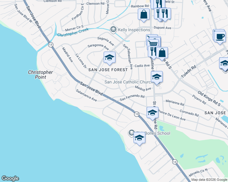 map of restaurants, bars, coffee shops, grocery stores, and more near 7142 Madrid Avenue in Jacksonville