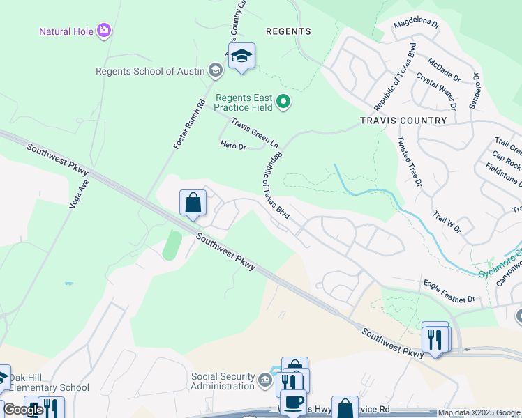 map of restaurants, bars, coffee shops, grocery stores, and more near 5604 Southwest Parkway in Austin