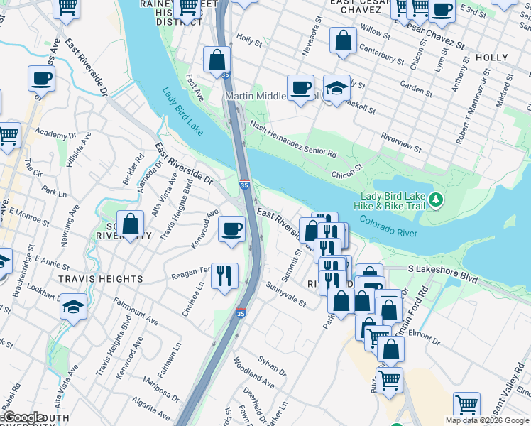 map of restaurants, bars, coffee shops, grocery stores, and more near 1231 East Riverside Drive in Austin