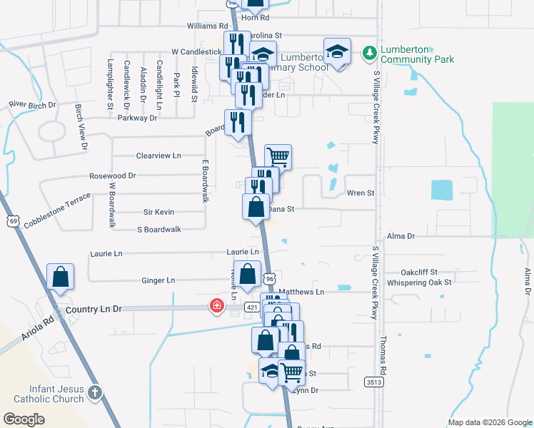 map of restaurants, bars, coffee shops, grocery stores, and more near 509 South Main Street in Lumberton