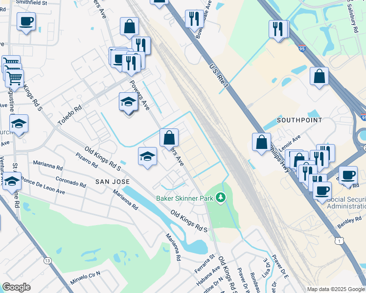 map of restaurants, bars, coffee shops, grocery stores, and more near 7200 Powers Avenue in Jacksonville