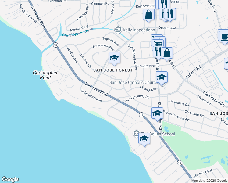map of restaurants, bars, coffee shops, grocery stores, and more near 7142 Madrid Avenue in Jacksonville