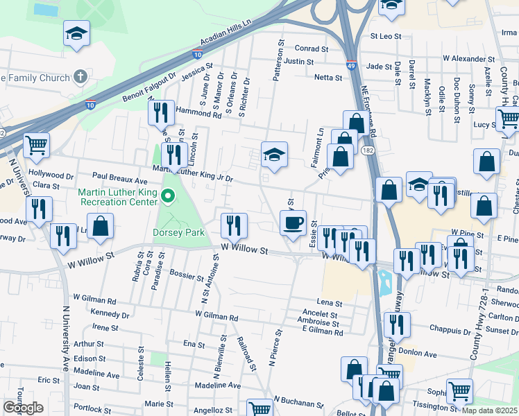 map of restaurants, bars, coffee shops, grocery stores, and more near 315 Patterson Street in Lafayette