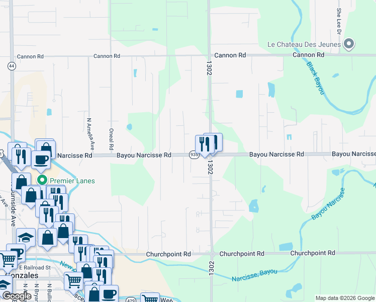 map of restaurants, bars, coffee shops, grocery stores, and more near 41474 Bayou Narcisse Road in Gonzales