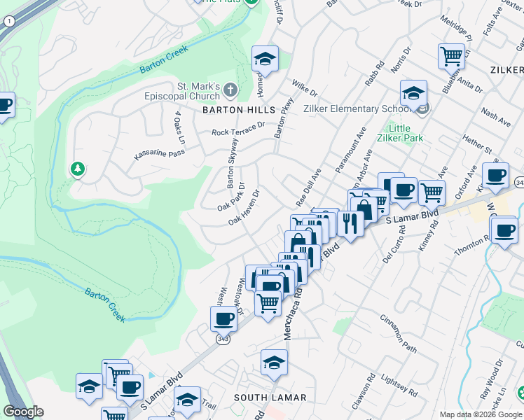 map of restaurants, bars, coffee shops, grocery stores, and more near 2706 Rae Dell Avenue in Austin