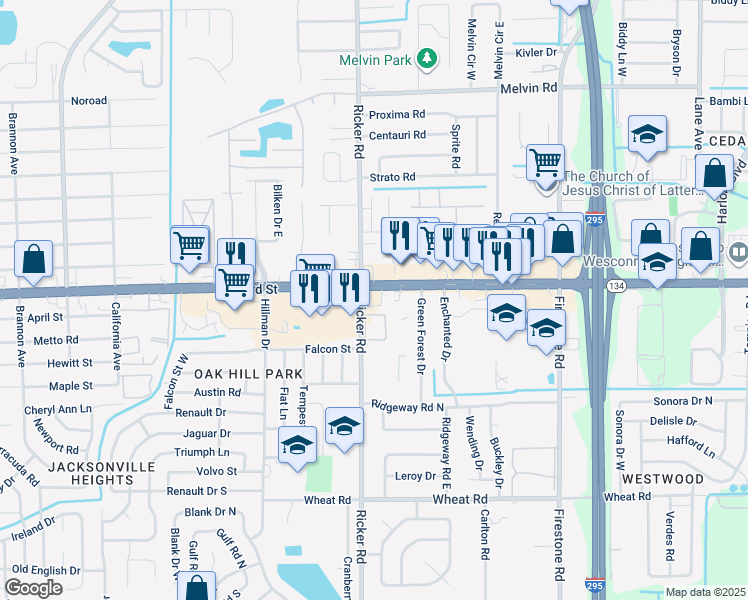 map of restaurants, bars, coffee shops, grocery stores, and more near 7546 103rd Street in Jacksonville