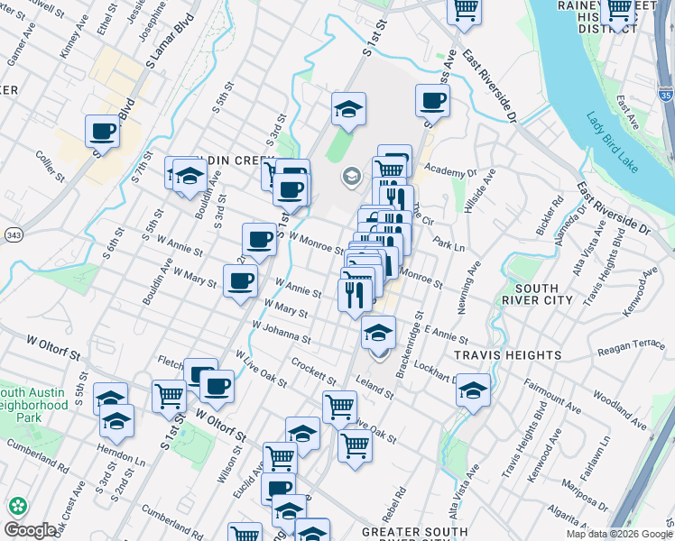 map of restaurants, bars, coffee shops, grocery stores, and more near 206 West Milton Street in Austin